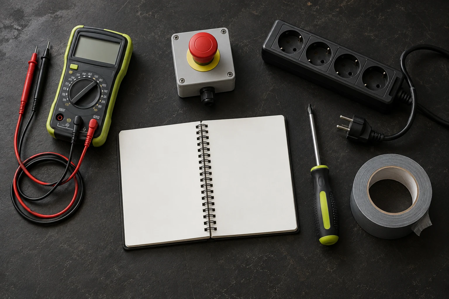An everyday repair kit with a multimeter, stop button, power strip, screwdriver, and paper manual