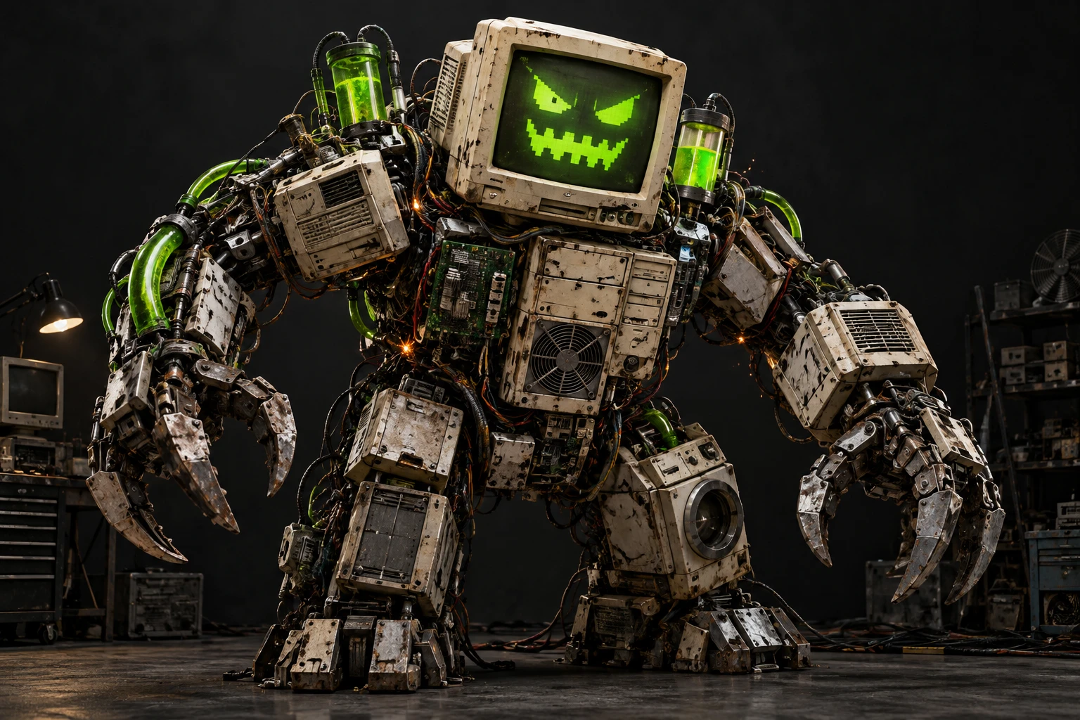 A monstrous rogue machine assembled from old computers, mechanical claws, exposed cables, and acid-green illuminated coolant tubes